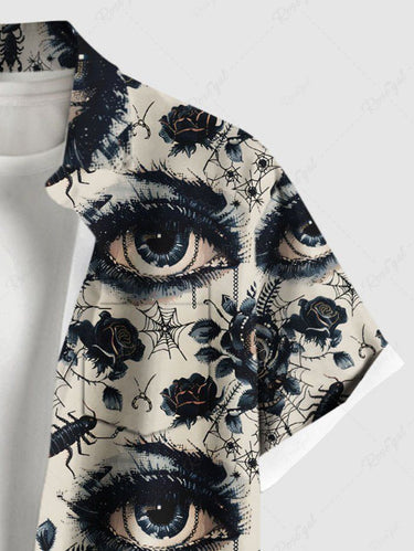 Gothic Plus Size Flower Eye Spider Web Insect Print Button Pocket Shirt For Men