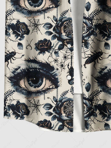 Gothic Plus Size Flower Eye Spider Web Insect Print Button Pocket Shirt For Men