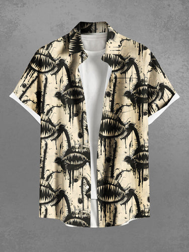 Gothic Plus Size Piranha Plant Ink Painting Drop Print Button Pocket Shirt For Men