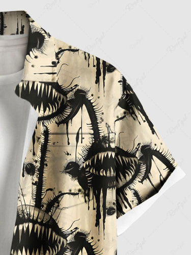 Gothic Plus Size Piranha Plant Ink Painting Drop Print Button Pocket Shirt For Men