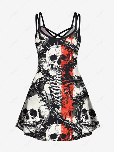 Gothic Plus Size Skull Skeleton Chain Print Crisscross Strappy A Line Cami Dress