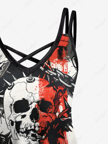 Gothic Plus Size Skull Skeleton Chain Print Crisscross Strappy A Line Cami Dress