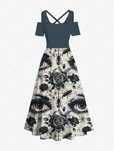 Gothic Plus Size Flower Eye Spider Web Insect Print Cold Shoulder Crisscross A Line Maxi Dress