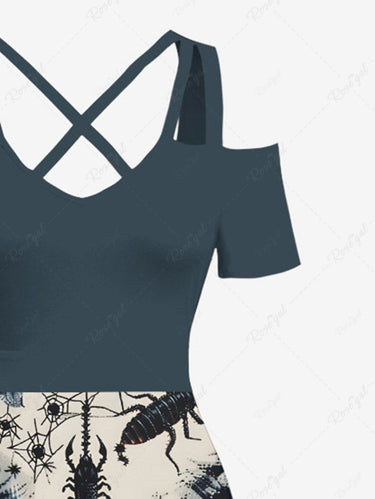 Gothic Plus Size Flower Eye Spider Web Insect Print Cold Shoulder Crisscross A Line Maxi Dress
