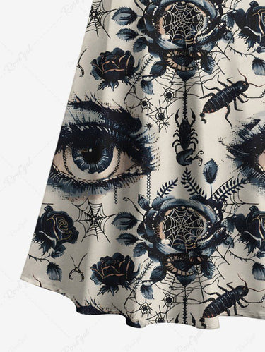 Gothic Plus Size Flower Eye Spider Web Insect Print Cold Shoulder Crisscross A Line Maxi Dress