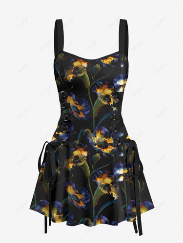 Gothic Ombre Flower Print Lace Up A Line Tank Dress