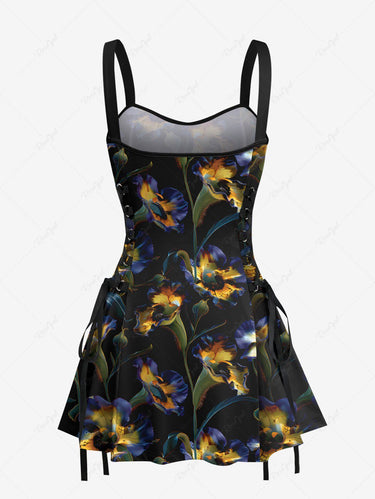 Gothic Ombre Flower Print Lace Up A Line Tank Dress
