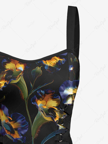 Gothic Ombre Flower Print Lace Up A Line Tank Dress