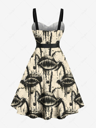 Gothic Plus Size Piranha Plant Ink Painting Drop Print Button A Line Dress with Removable Belt