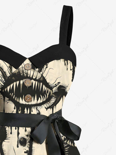 Gothic Plus Size Piranha Plant Ink Painting Drop Print Button A Line Dress with Removable Belt