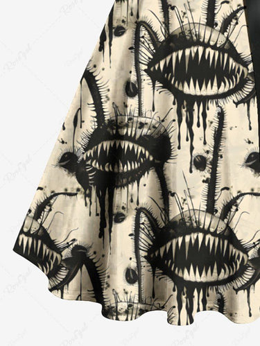 Gothic Plus Size Piranha Plant Ink Painting Drop Print Button A Line Dress with Removable Belt