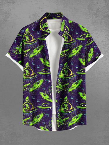 Gothic Plus Size Alien UFO Galaxy Print Button Pocket Shirt For Men