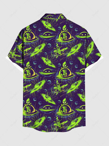 Gothic Plus Size Alien UFO Galaxy Print Button Pocket Shirt For Men