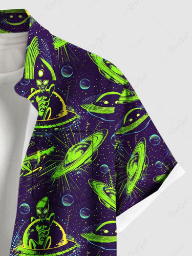 Gothic Plus Size Alien UFO Galaxy Print Button Pocket Shirt For Men