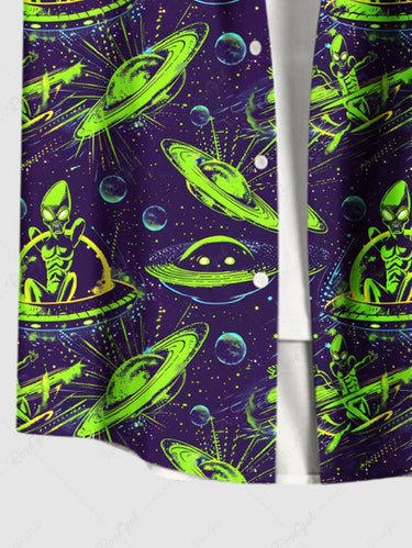 Gothic Plus Size Alien UFO Galaxy Print Button Pocket Shirt For Men