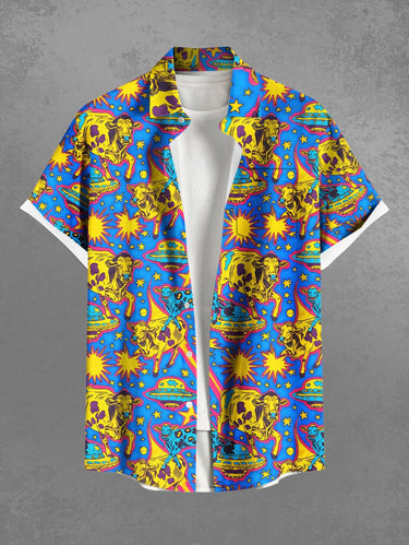 Gothic Plus Size UFO Cow Print Button Pocket Shirt For Men