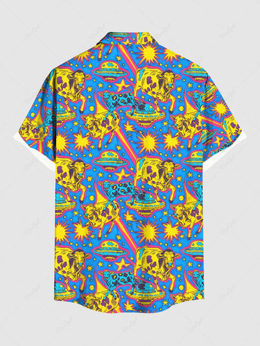 Gothic Plus Size UFO Cow Print Button Pocket Shirt For Men