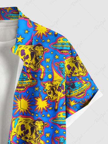 Gothic Plus Size UFO Cow Print Button Pocket Shirt For Men