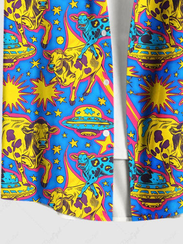 Gothic Plus Size UFO Cow Print Button Pocket Shirt For Men