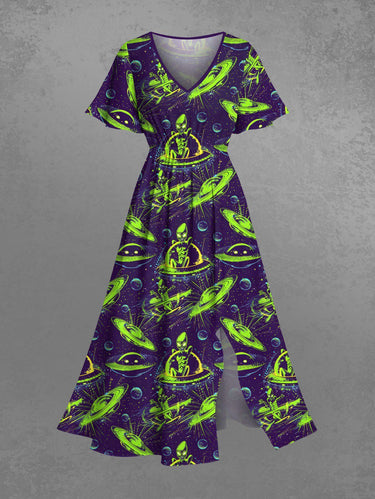 Gothic Plus Size Alien UFO Galaxy Print Split Pocket A Line Midi Dress