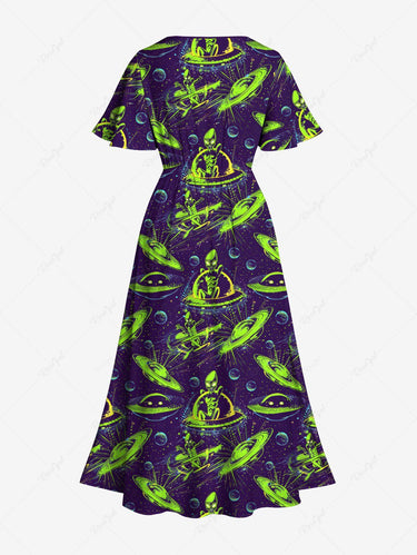 Gothic Plus Size Alien UFO Galaxy Print Split Pocket A Line Midi Dress