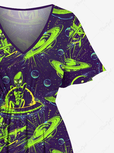 Gothic Plus Size Alien UFO Galaxy Print Split Pocket A Line Midi Dress