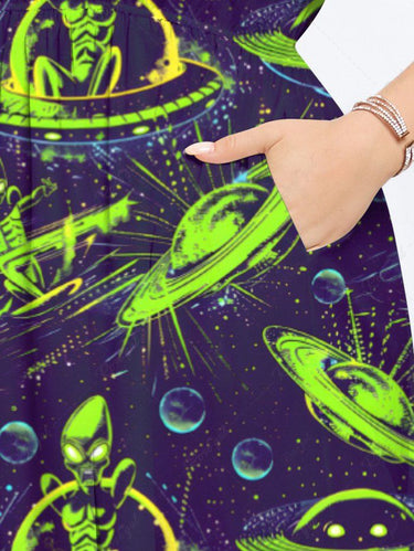 Gothic Plus Size Alien UFO Galaxy Print Split Pocket A Line Midi Dress