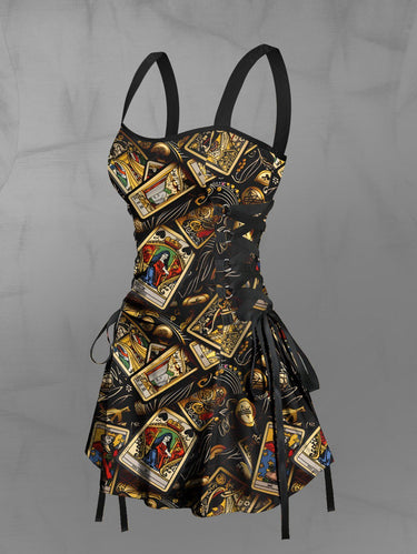 Gothic Tarot Poker Print Lace Up A Line Tank Dress