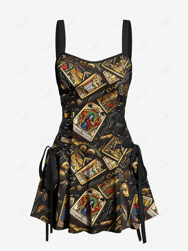 Gothic Tarot Poker Print Lace Up A Line Tank Dress