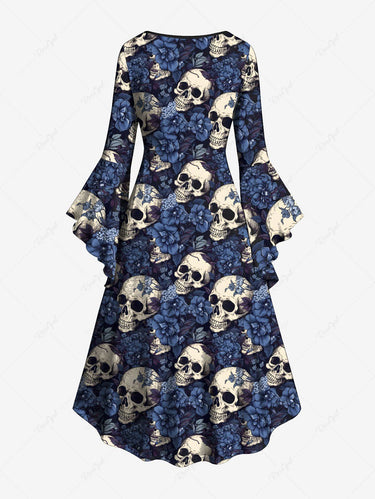 Gothic Plus Size Skull Flower Print Ruched High Low Asymmetric Dress