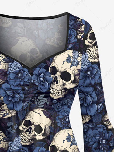 Gothic Plus Size Skull Flower Print Ruched High Low Asymmetric Dress