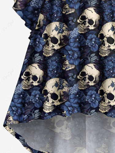 Gothic Plus Size Skull Flower Print Ruched High Low Asymmetric Dress