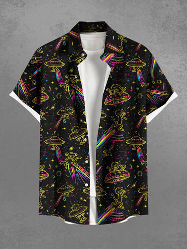 Gothic Plus Size Alien UFO Galaxy Print Button Pocket Shirt For Men