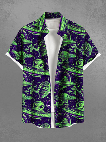 Gothic Plus Size Skull Alien UFO Galaxy Print Button Pocket Shirt For Men