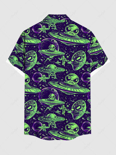 Gothic Plus Size Skull Alien UFO Galaxy Print Button Pocket Shirt For Men