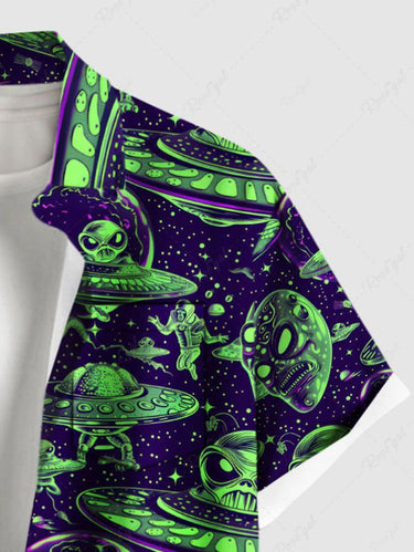 Gothic Plus Size Skull Alien UFO Galaxy Print Button Pocket Shirt For Men
