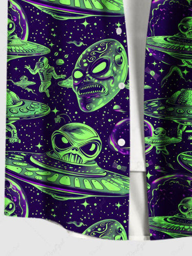 Gothic Plus Size Skull Alien UFO Galaxy Print Button Pocket Shirt For Men