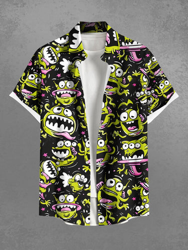 Gothic Plus Size Cute Cartoon Monster Print Button Pocket Shirt For Men