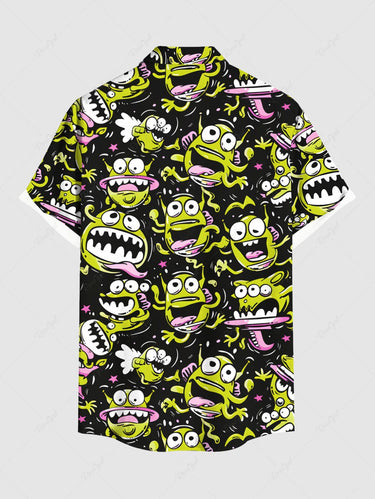 Gothic Plus Size Cute Cartoon Monster Print Button Pocket Shirt For Men