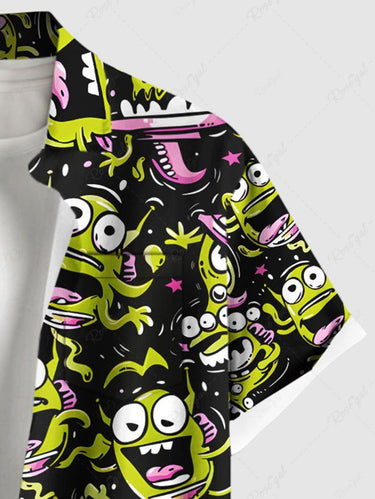 Gothic Plus Size Cute Cartoon Monster Print Button Pocket Shirt For Men