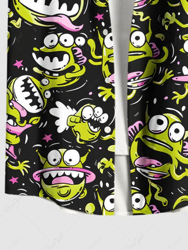 Gothic Plus Size Cute Cartoon Monster Print Button Pocket Shirt For Men