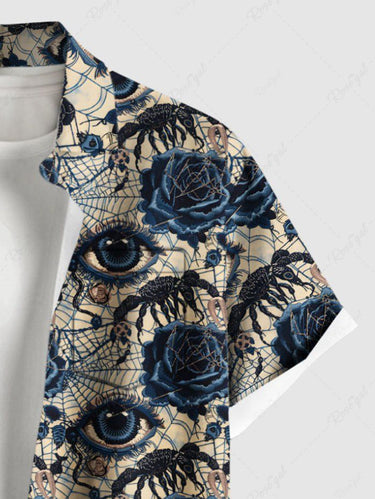 Gothic Plus Size Eye Flower Spider Web Insect Print Button Pocket Shirt For Men