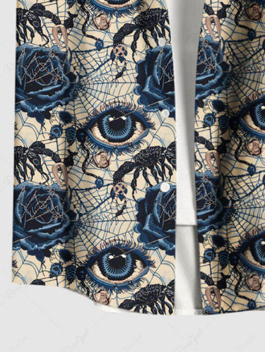 Gothic Plus Size Eye Flower Spider Web Insect Print Button Pocket Shirt For Men
