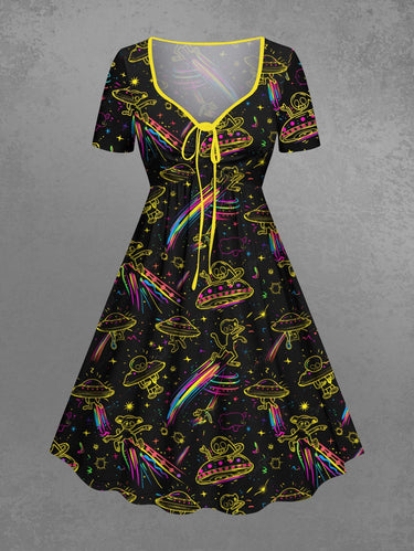 Gothic Plus Size Alien UFO Galaxy Print Cinched A Line Dress