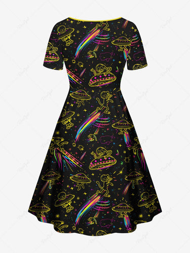 Gothic Plus Size Alien UFO Galaxy Print Cinched A Line Dress