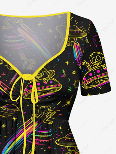 Gothic Plus Size Alien UFO Galaxy Print Cinched A Line Dress