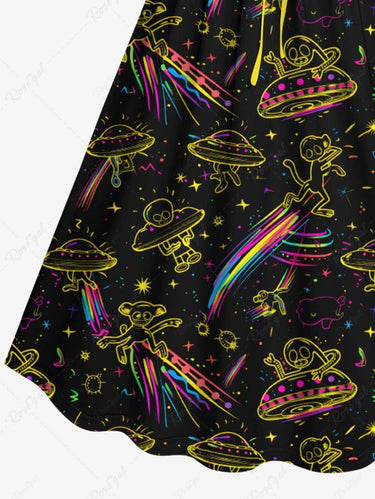Gothic Plus Size Alien UFO Galaxy Print Cinched A Line Dress