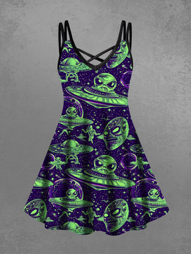 Gothic Plus Size Skull Alien UFO Galaxy Print Crisscross Strappy A Line Cami Dress