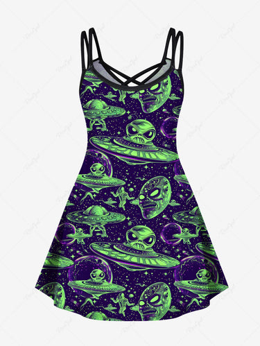 Gothic Plus Size Skull Alien UFO Galaxy Print Crisscross Strappy A Line Cami Dress