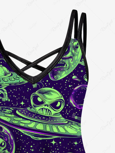 Gothic Plus Size Skull Alien UFO Galaxy Print Crisscross Strappy A Line Cami Dress